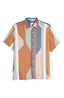 Topman Block Stripe Short Sleeve Button-Up Shirt in Brown