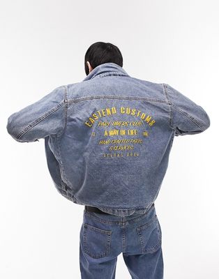 Topman borg collar denim jacket with embroidery in mid wash blue
