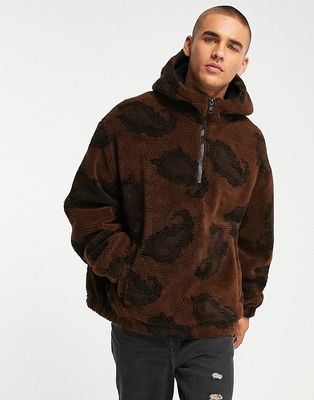 Topman borg hooded jacket with all over paisley print in brown