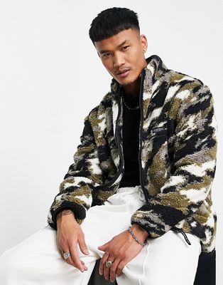 Topman borg jacket in blurred camo print-Multi
