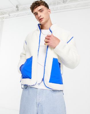 Topman borg jacket with panel pockets in ecru-White