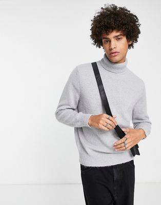 Topman brushed knit roll neck sweater in light gray