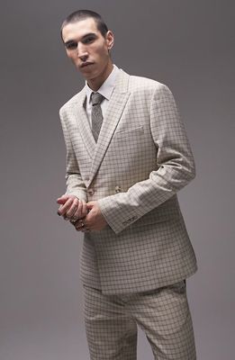 Topman Check Double Breasted Suit Jacket in Beige/Brown