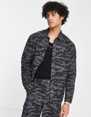 Topman chore jacket with all over animal print in charcoal-Gray