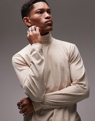Topman classic long sleeve rib roll neck sweater in stone-Neutral