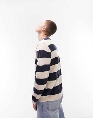 Topman classic stripe knitted crewneck in ecru & navy-Multi