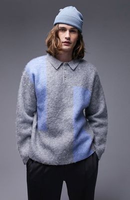 Topman Colorblock Fluffy Long Sleeve Polo Sweater in Grey