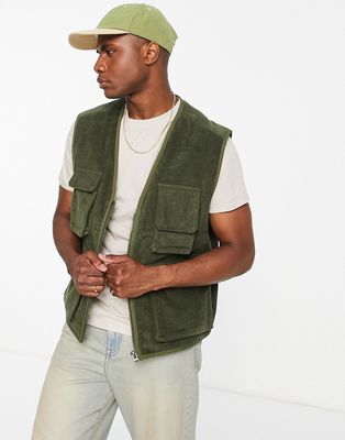 Topman cord pocket vest in khaki-Green