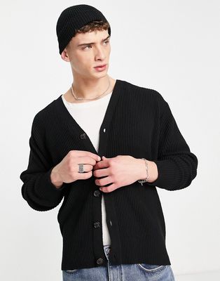 Topman cotton blend oversized knit cardigan in black