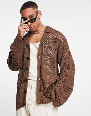 Topman crochet knit cardigan in brown