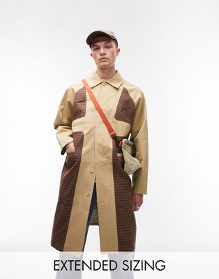 Topman deconstructed trench with check panel in stone-Neutral