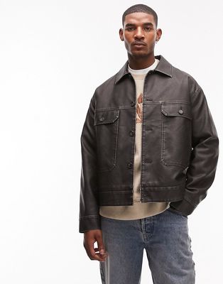 Topman distressed faux leather shacket in black