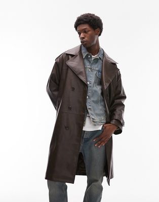 Topman distressed faux leather trench in brown