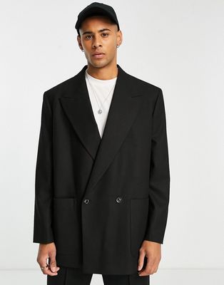 Topman double breasted oversized boxy pronounced twill suit jacket in black