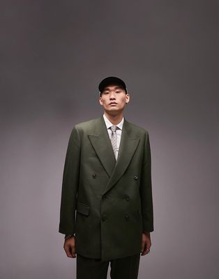 Topman double breasted six button oversized boxy warmhandle suit jacket in khaki-Green