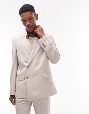 Topman double breasted wool mix wrap suit jacket in ecru-White
