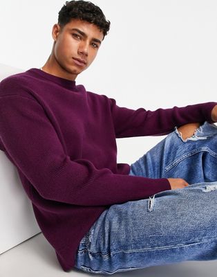 Topman elevated essential crew neck sweater in burgundy-Red