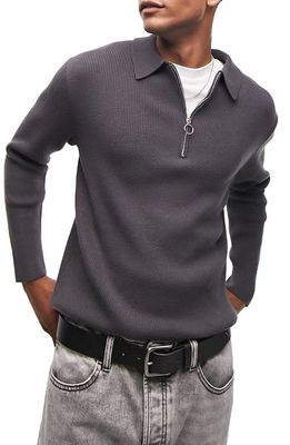 Topman Elevated Essential Long Sleeve Polo Shirt in Charcoal