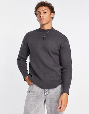 Topman elevated essential sweater with mock neck in charcoal-Gray