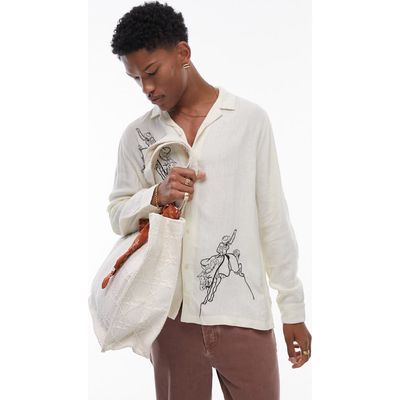 Topman Embroidered Cowboy Linen Long Sleeve Camp Shirt in Stone at Nordstrom, Size Xx-Large