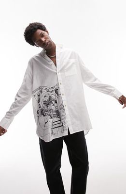 Topman Extreme Oversize Embroidered Cotton & Linen Button-Up Shirt in White