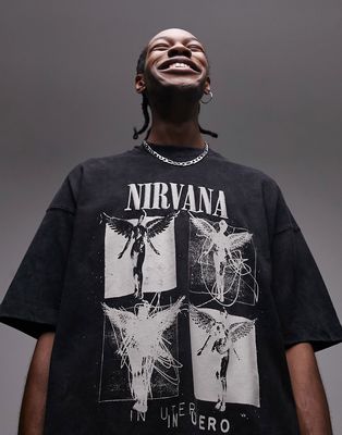 Topman extreme oversized fit T-shirt with Nirvana angel print in washed black