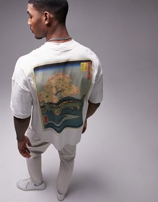 Topman extreme oversized t-shirt with front and back Van Gogh edo print in ecru-White