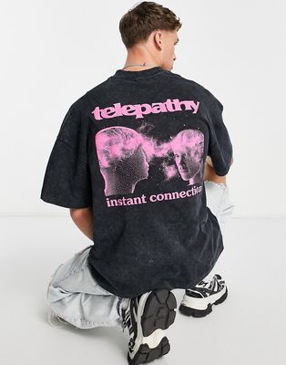Topman extreme oversized T-shirt with 'telepathy' front and back print in black - BLACK