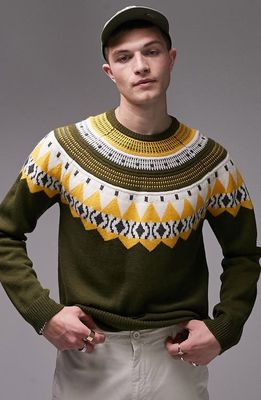 Topman Fair Isle Crewneck Sweater in Khaki