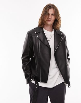 Topman faux leather belted moto jacket in black