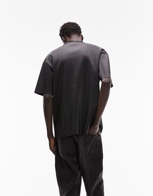 Topman faux leather plisse oversized fit T-shirt in black