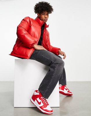 Topman faux leather puffer jacket in red