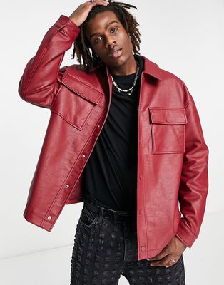 Topman faux leather shacket in burgundy-Red