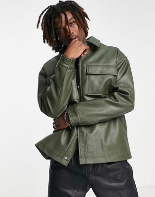 Topman faux leather shacket in khaki-Green