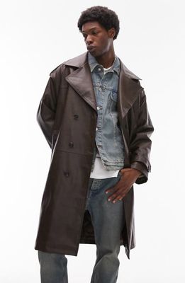 Topman Faux Leather Trench Coat in Brown