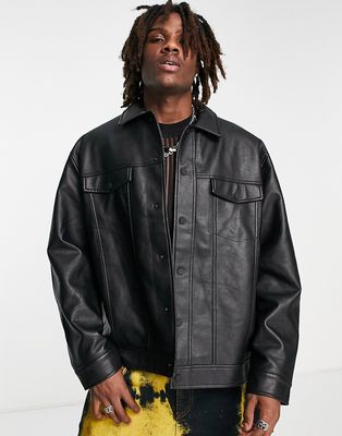 Topman faux leather western jacket in black