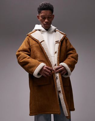 Topman faux shearling coat in tan-Neutral