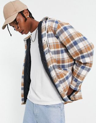 Topman flannel check overshirt with hood in white and blue