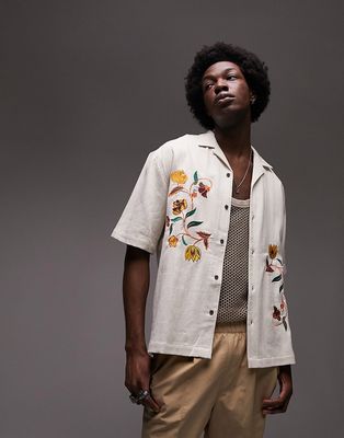 Topman floral embroidered shirt in ecru-Neutral