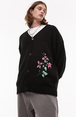Topman Floral Stitch V-Neck Cardigan in Black