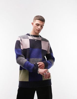 Topman fluffy knitted sweater with all over check in multi