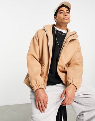 Topman funnel jacket with wool in camel-Neutral