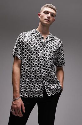 Topman Geometric Print Short Sleeve Satin Camp Shirt in Black Multi