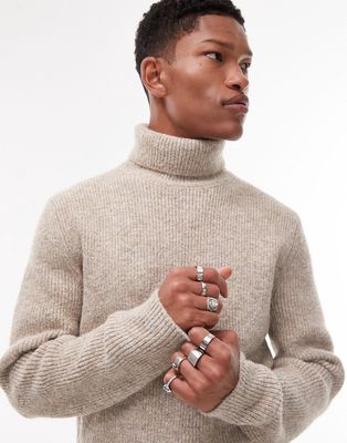 Topman heavy knit roll neck sweater in ecru-Neutral