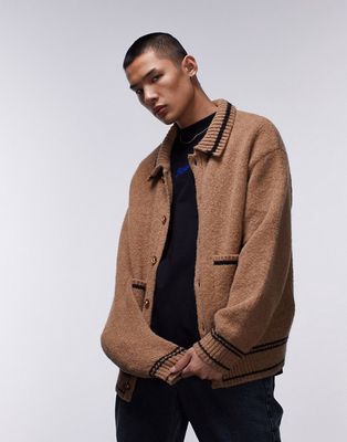 Topman heavyweight brushed tipped cardigan with collar in brown