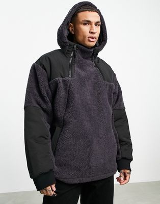 Topman hooded fleece jacket in black and charcoal