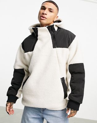 Topman hooded fleece jacket in cream and black-White