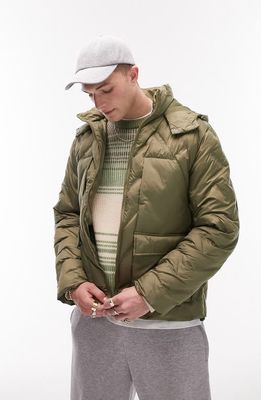 Topman Hooded Heat Press Chevron Quilted Puffer Jacket in Khaki