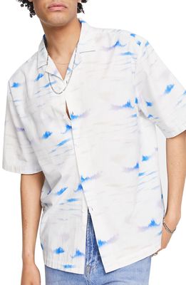 Topman Ink Print Cotton Camp Shirt in White