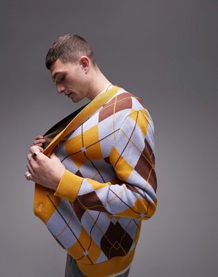 Topman knit cardigan with mini argyle print in multi